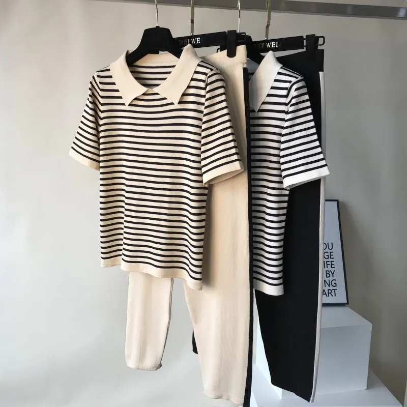 

Summer Casual Striped Knitted Tracksuits Women Turn-down Collar Short Sleeve Tee Tops + Pants 2 Pcs Set