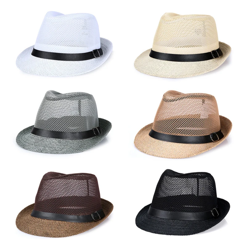 

Summer Mesh Flax Sun Hat with Black Belt Sun Visor Cap Outdoor Straw Hat Mesh Top Hat for Men Women Jazz Fedora Hat