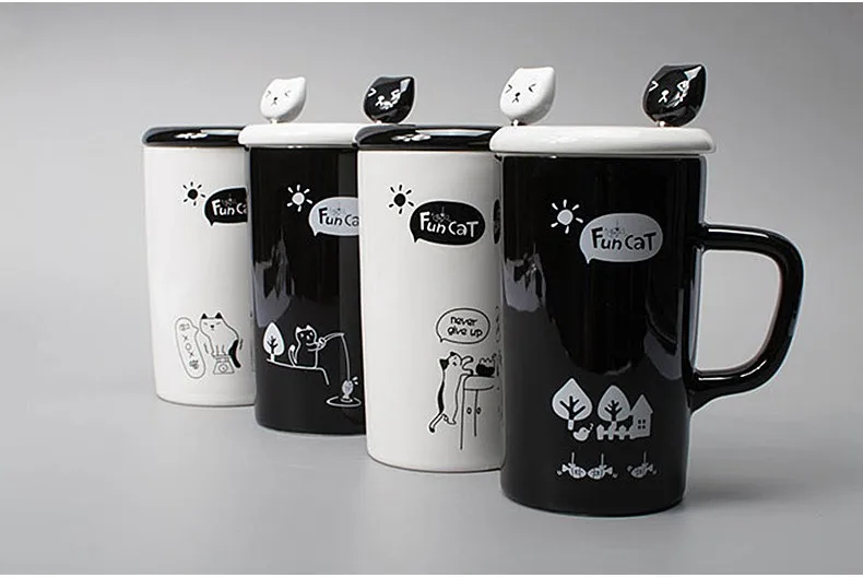 Симпатичные Fun Cat Стиль Керамика Кружки с крышкой и ложкой мультфильм творческий moring кружка молоко Кофе Чай уникальный фарфор Кружки 350 мл SH209C