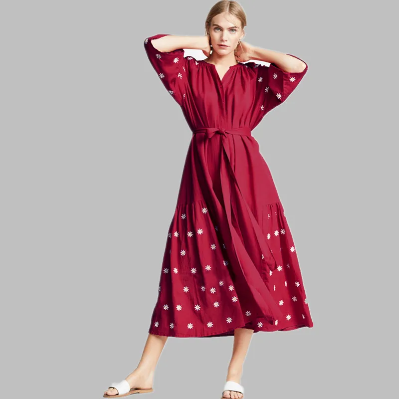 

HAMALIEL Runway Holiday Boho Sundress Dress Summer Women Embroidery Flowers Cotton Maxi Long Dress Vintage Loose Waist Vestidos