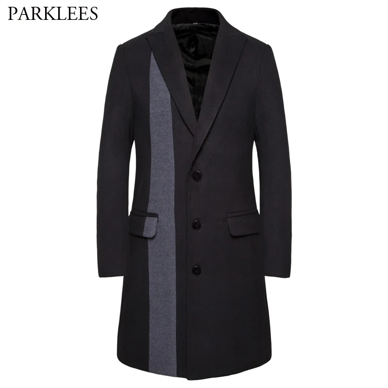 Winter Stylish Patchwork Long Trench Coat Men 2019 Brand New Slim Fit Men's Cashmere Coat Single Breasted Male Overcoat Casaco