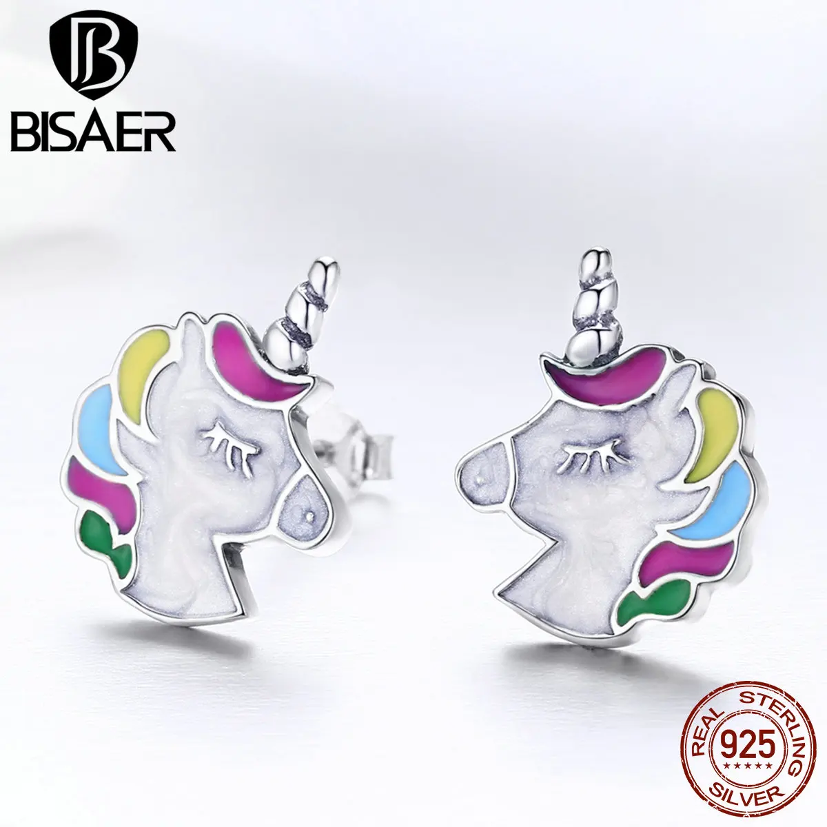 Аутентичные 925 стерлингового серебра Единорог любовь Единорог стильные серьги-гвоздики для женщин Brincos 925 изысканное Серебряное украшение Bijoux ECE393