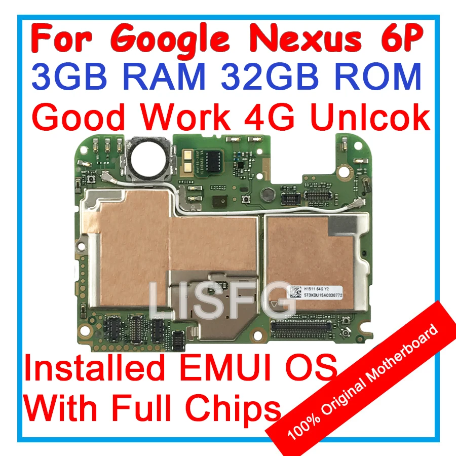 

3G RAM 32GB ROM For HUAWEI Google Nexus 6P 6 P H1511 H1512 Motherboard 100% Unlock Original Mainboard EMUI Logic Board With Chip