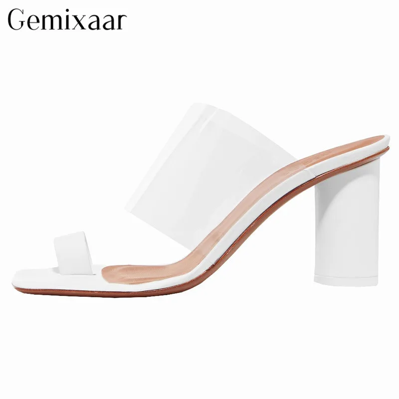 

Summer Transparent PVC Spilt Toe Flip Flops Unique Round Heel High Heel Sandalias Mujer Real Leather Beach Sandals For Women