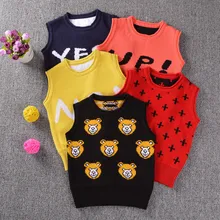 Новинка года; жилет с вышивкой для маленьких детей; сезон весна-осень; детский жилет с рисунком медведя и надписью; Хлопковый вязаный свитер без рукавов для мальчиков и девочек