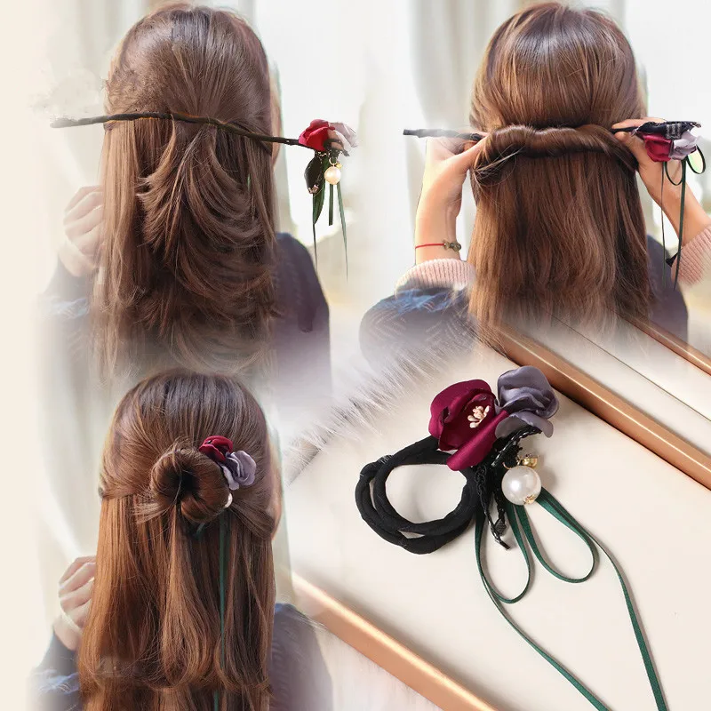 

Vintage Women Flower Donut Bun Maker Hair Band Ribbon DIY Bow Scrunchie with Pearls Headband for Hair Styling Tools