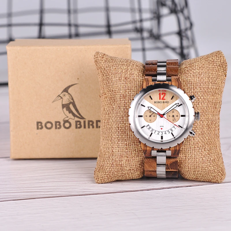 BOBO BIRD Watch Men Luxury Metal Wood Watches Stainless Steel With Date Display Multiple Color Timepiece relogio masculino