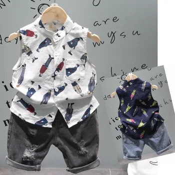 

2 3 4 5 6 Years Toddler Boys Clothing Set Unique Cartoon Sleeveless Shirts Kids Boy Clothes Outfit with Summer Baby Ripped Jeans