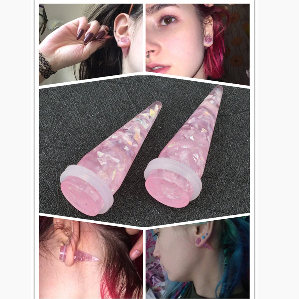 

2 Pcs Body Punk Jewelry Acrylic Pink Opal Taper Stretcher Solid Ear Expander Gauge Body Piercing Jewelry TPR 009