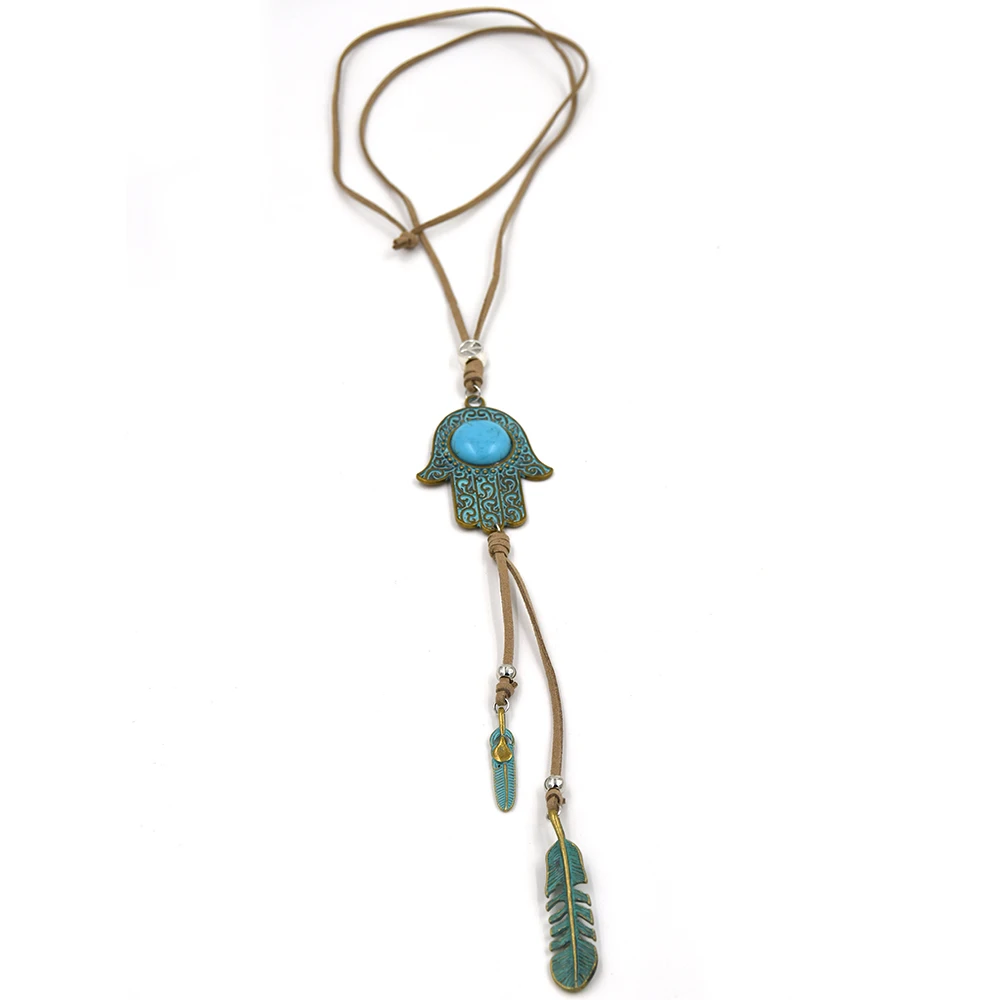 2017 New personalized handmade jewelry supplier leather Chain vintage leaf Hamsa Hands pendents  boho Bohemia long Necklaces