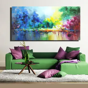 

Hand-painted Landscape Oil Painting on Canvas Moutain Tree Lake Scenery Wall Art Modern for Living Room Bedroom Home Decoration