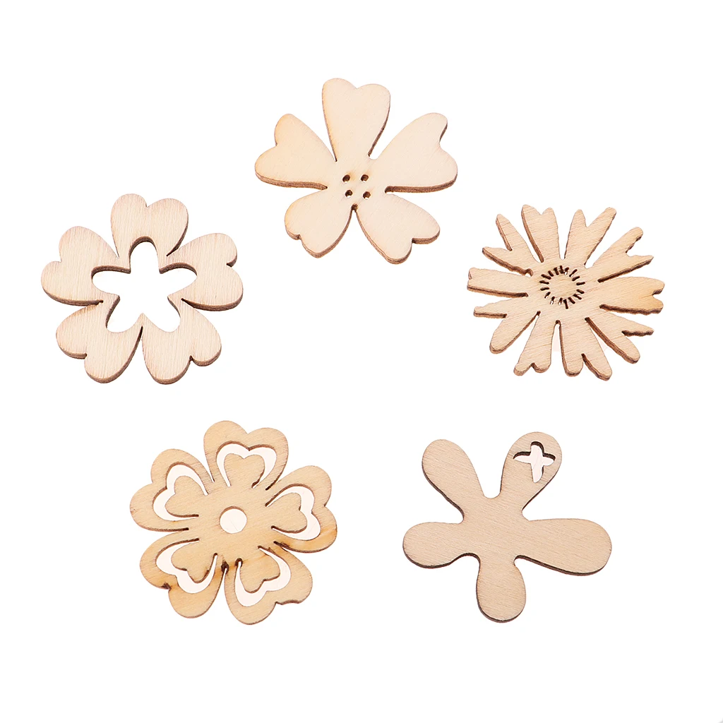 50pcs Wood Hollow Cutouts MDF Wooden Flowers Embellishment Buttons Flatbacks Craft for Scrapbooking Cardmaking DIY Decorations