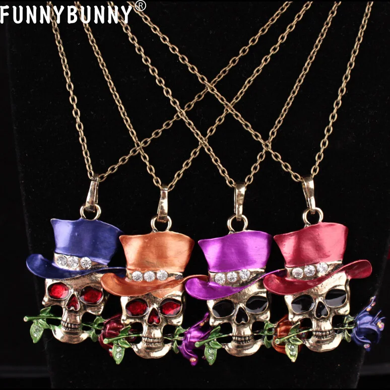 FUNNYBUNNY женские ожерелья с черепом и розами волшебник Хэллоуин панк подвески в стиле Вечерние сувениры