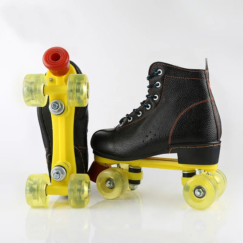 Unisex Double Line Adult PU Leather Quad Parallel Figure Skates Shoes