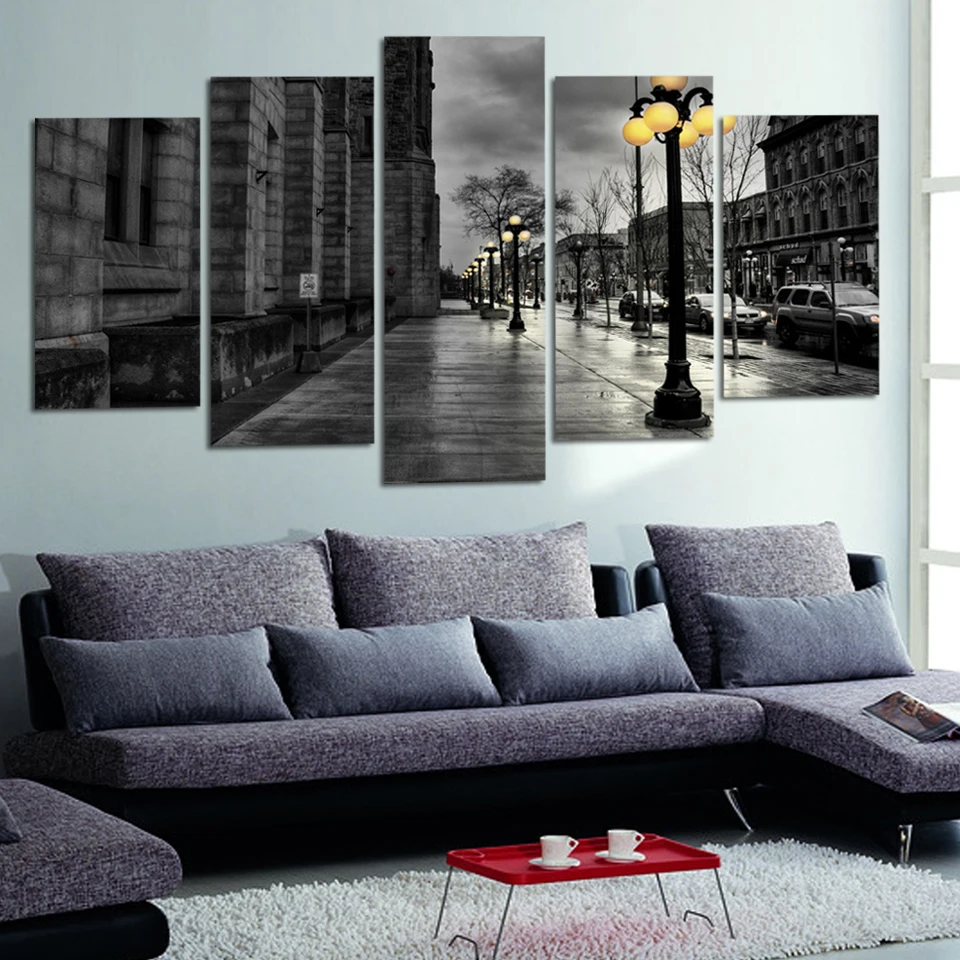 Moderne leinwandbilder retro ink gemälde stadtstraße landschaft poster wohnzimmer wandkunst kein rahmen 5 stück deco wallapper