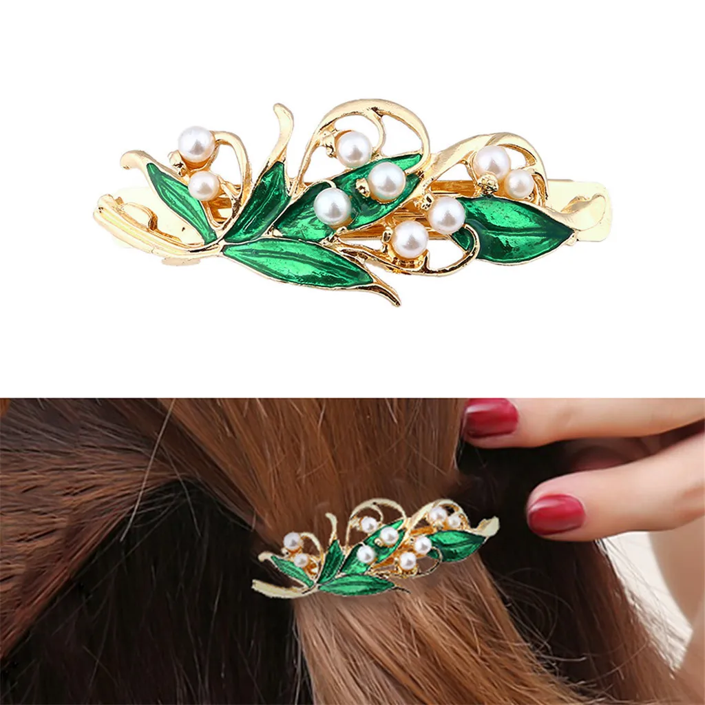 

Retro Enamel Green Leaf Pearl Hair Clip Clamp Hairpin Women Hair Accessory Hair Pin Hair Decorations Jewelry Accessories