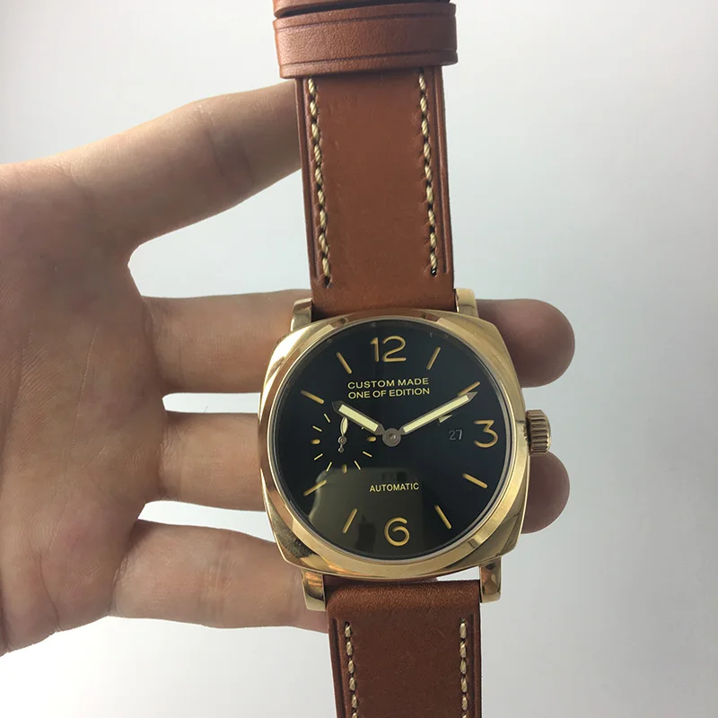 

OUMASHI Men Automatic Machinery Watch 47mm Leather Strap Luminous Black Dial PVD Case Military Waterproof GMT Watch