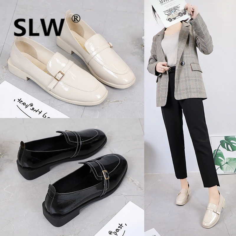 

Slip-On Basic fashion Lace-Up Square Toe Metal Decoration spring flat black Casual PU Rubber women 2019 shoes leather woman