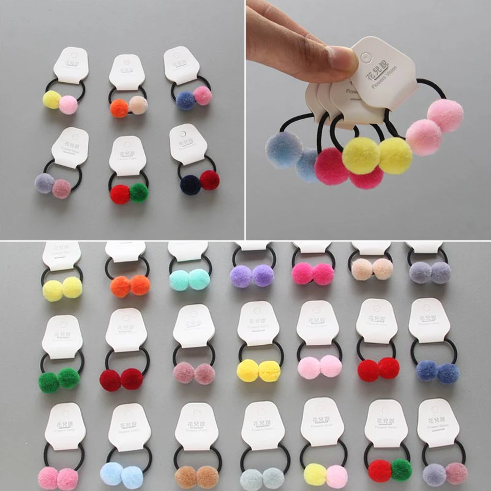 

2pcs/lot Cute Little Girls' Double Fluffy Pom Pom Ball Hair Ties Seamless Elastic Hair Band Ponytail Hairband Hair Accessories