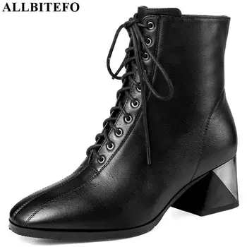 

ALLBITEFO real genuine leather women boots fashion Leisure girls ankle boots High quality leather boots Autumn Winter Bandage