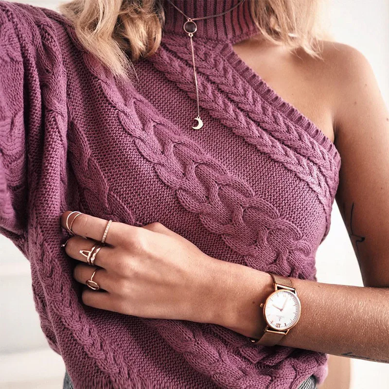 

Winter Warm Sexy Off the Shoulder Sweaters for Women Turtleneck Jumper White Pull Femme Tricot Female Pullover Lady's Sweater