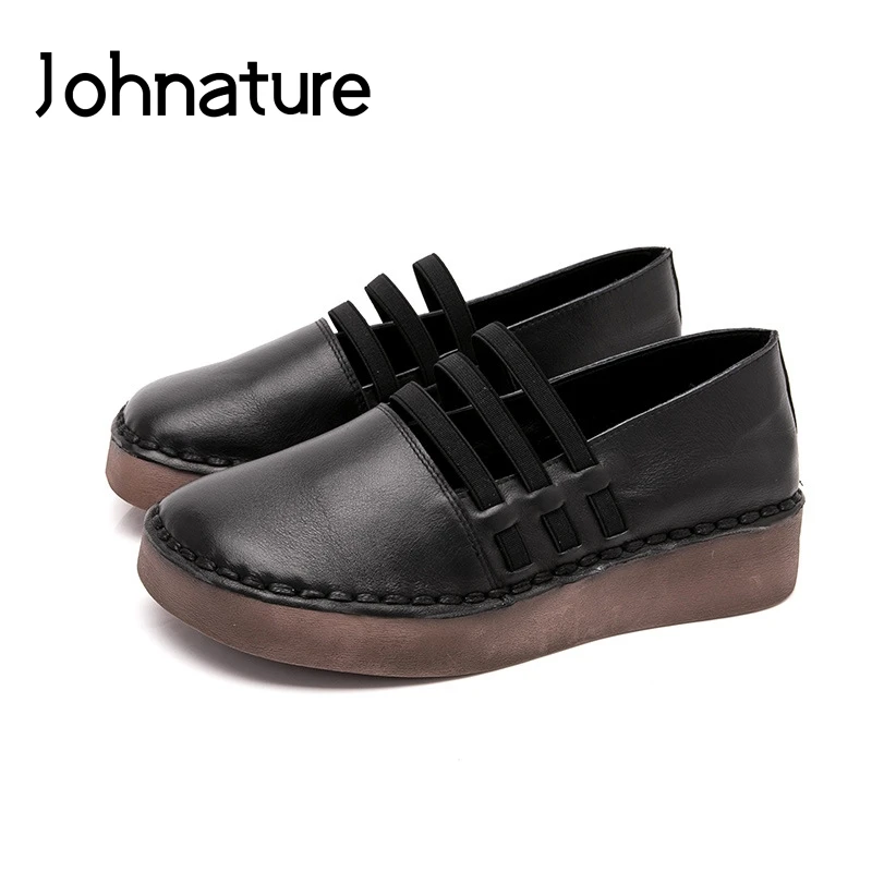 

Johnature 2019 New Spring/autumn Genuine Leather Retro Round Toe Casual Shallow Slip-on Platform Shoes Women Wedges Pumps