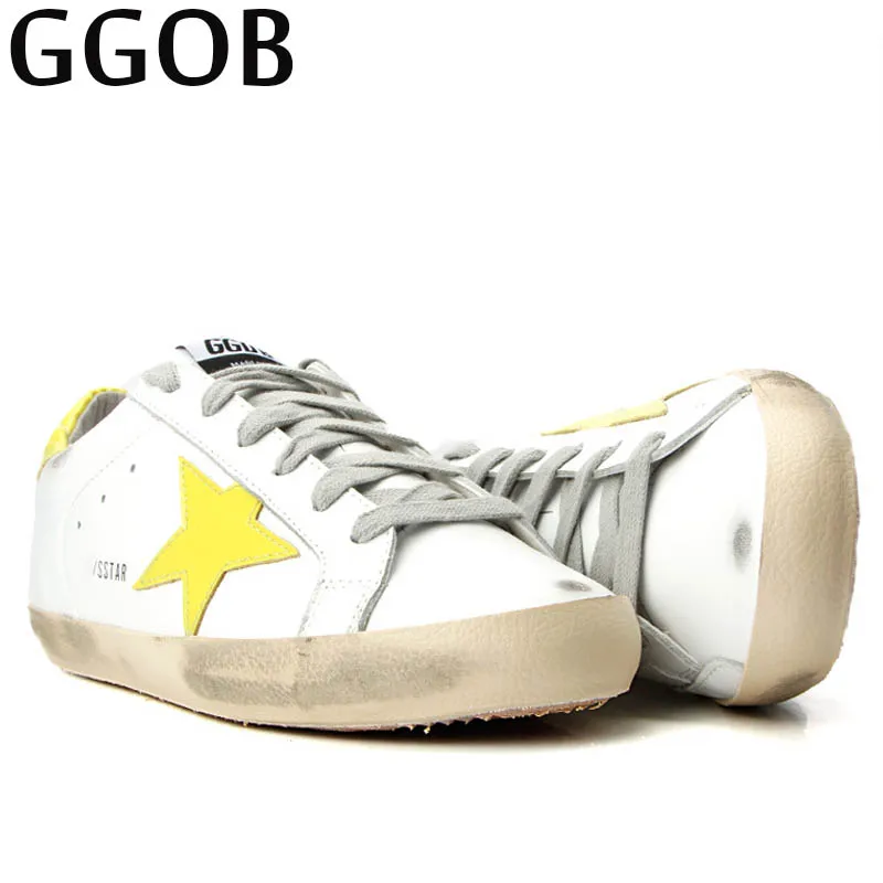 GGOB 2018 Casual Genuine Leather Flat Shoes Women Korean Brand Handmade Vintage Distressed Lace-up Yellow Star Cowhide Shoes