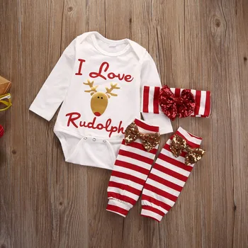 

Baby Boy Girl Deer White Bodysuit I Love Rudolph Print Jumpsuit striped Leg warmer Christmas Festive 3pcs Children Clothes