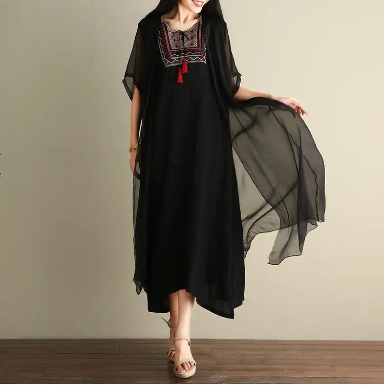 DIMANAF, женское платье размера плюс, винтажное, летнее, в китайском стиле, с вышивкой, с принтом, женское, шаль, элегантное, повседневное, из двух частей, костюм, платье