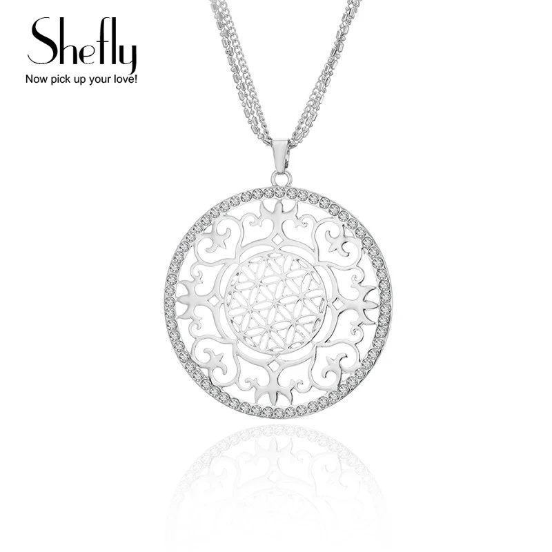 

New Design Round Pendant Lucky Crystal Long Necklace & Pendant Silver Hollow Flower Women Jewelry Gift Dropshipping Servicce