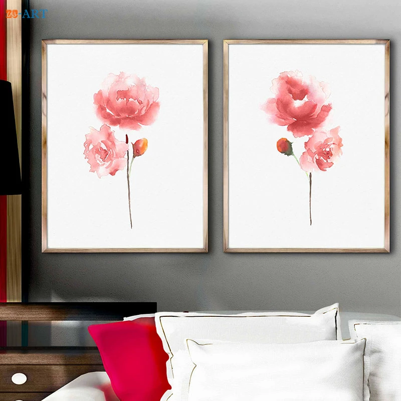 Framed Canvas Printed Pink Peonies Watercolor Painting Peonies Art