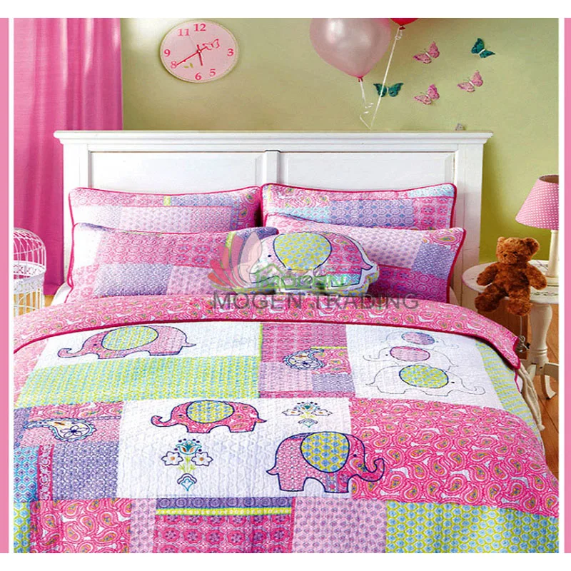 

CHAUSUB Kids Quilt Set 2PCS Embroidered Quilts Washed Cotton Bed Cover Elephant Printed Bedspread Girls Coverlet Set KING Size