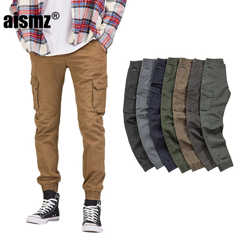 

Aismz New men casual trousers Mid waist pants modis joggers elasticity Multi-pocket overalls streetwear military pants SA-D901