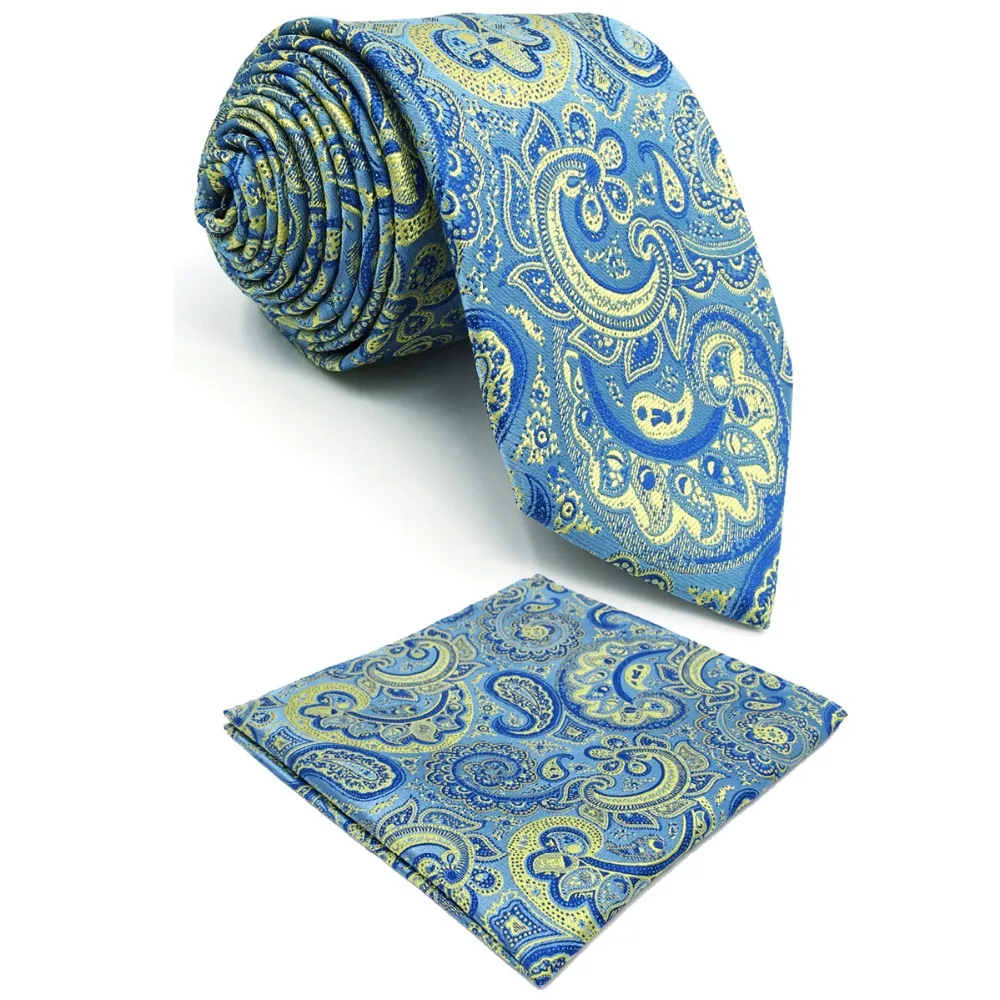 E8 Blue Yellow Paisley Silk Ties for Men Classic Novelty Extra Long Tie ...