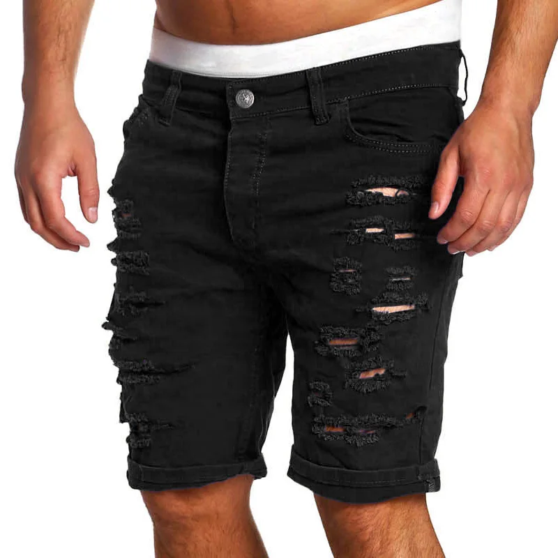 2018 Fashion Ripped Hole Denim Shorts Men Black Slim Skinny Straight Casual Jeans Shorts Men Vintage Low Waist Shorts