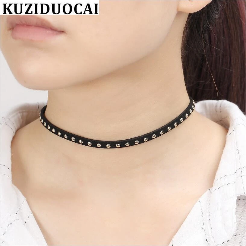 

Kuziduocai New Fashion Jewelry Retro Leather Velvet Rope Rivet Alloy Choker Necklaces & Pendants For Women Ladies Gift N-494