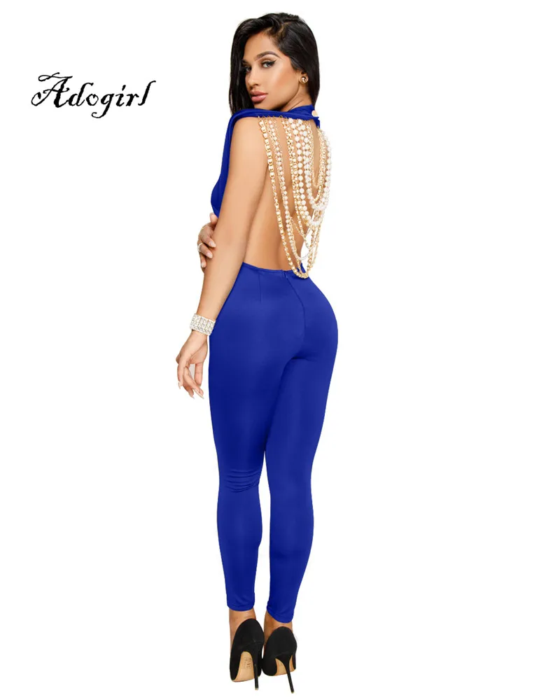 Adogirl 2018 Spring Sexy Back Pearl Chain Women Jumpsuit Blue-1