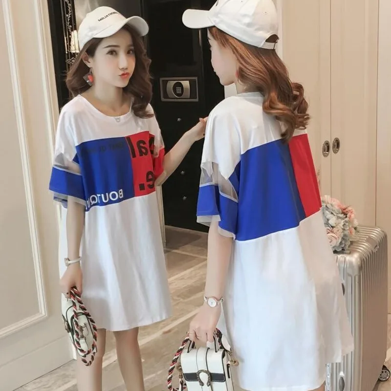 

#4912 Summer Harajuku Loose Top Femme Long T-shirt Spliced Mesh Short Sleeve T Shirt Women Cotton Large Size Streetwear Hip Hop