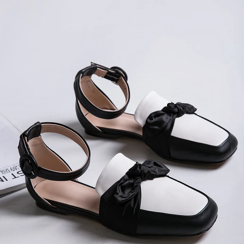 Women's genuine leather ankle strap bow tie flats summer footwear