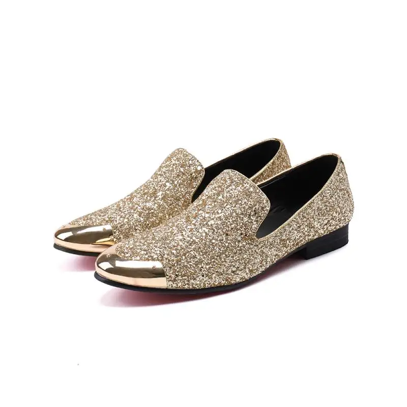 Akamatsu Gold Luxury Bling Sequins Men Loafers Metal Toe Solid Slip On ...