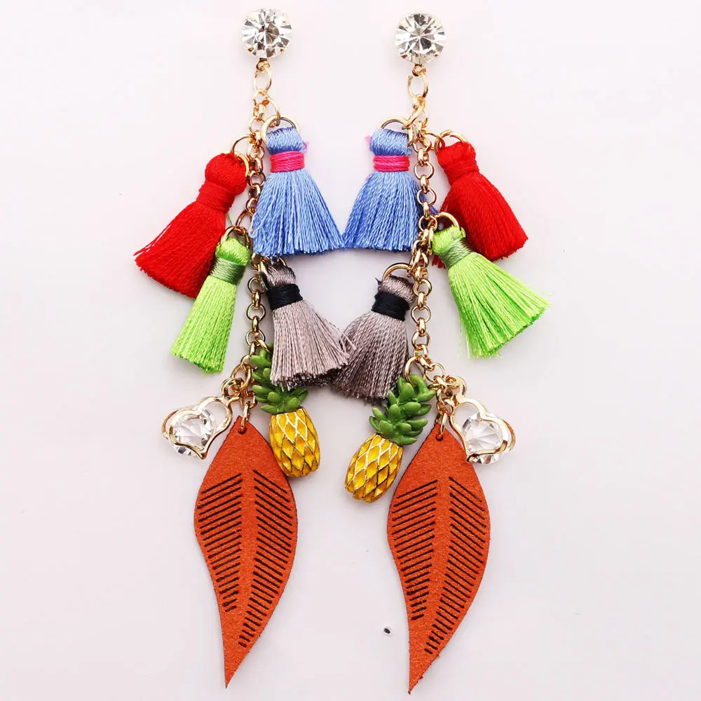 Download Bohemian White Crystal Heart multi layer Silk Tassel Earrings Pineapple Fruit leaves Long Drop ...