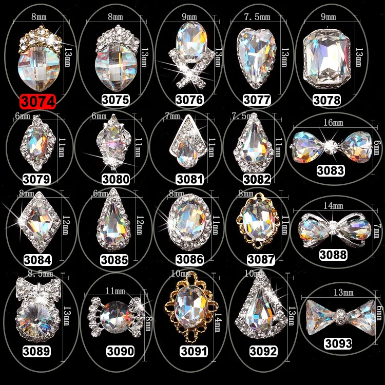 10 шт 3074-3093 20 выбор дизайна прозрачные стразы для украшения ногтей 3D Шарм Сплав серебро ювелирные изделия из драгоценных камней