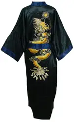 Новинка Реверсивные цвет: черный, синий Для мужчин Ванна платье китайской вышивкой дракона ночное два лица кимоно платье один размер S0030