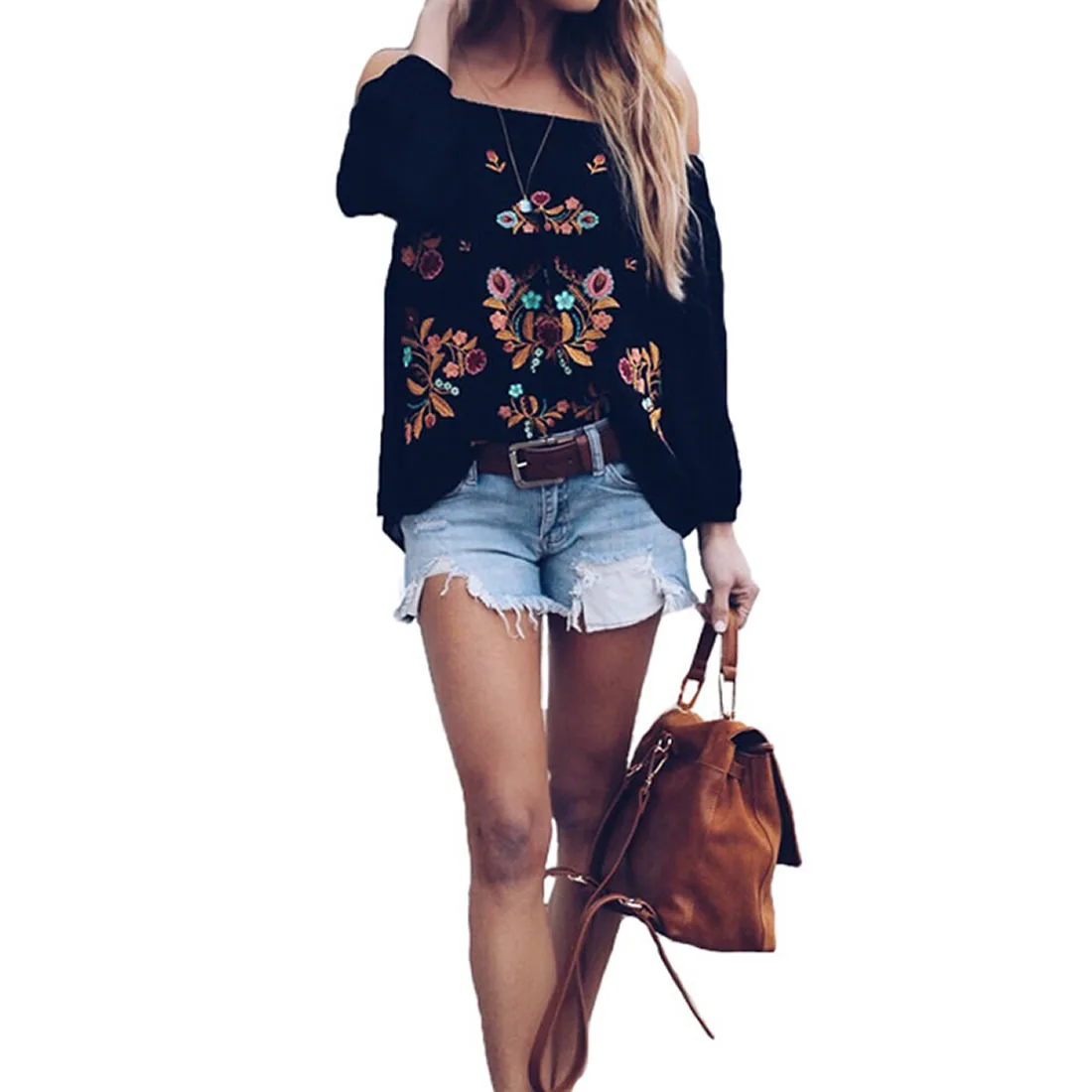 

2018 Vintage Sexy Backless Strapless Off Shoulder Floral Print Embroider Blouse Black Backless Slash Neck Women Blouses Shirts