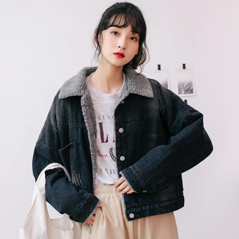 Casual Fashion New Lambswool Jean Jacket Women Embroidery Denim Coat Women Vintage Plus Velvet Denim Jacket Woman Winter 2019