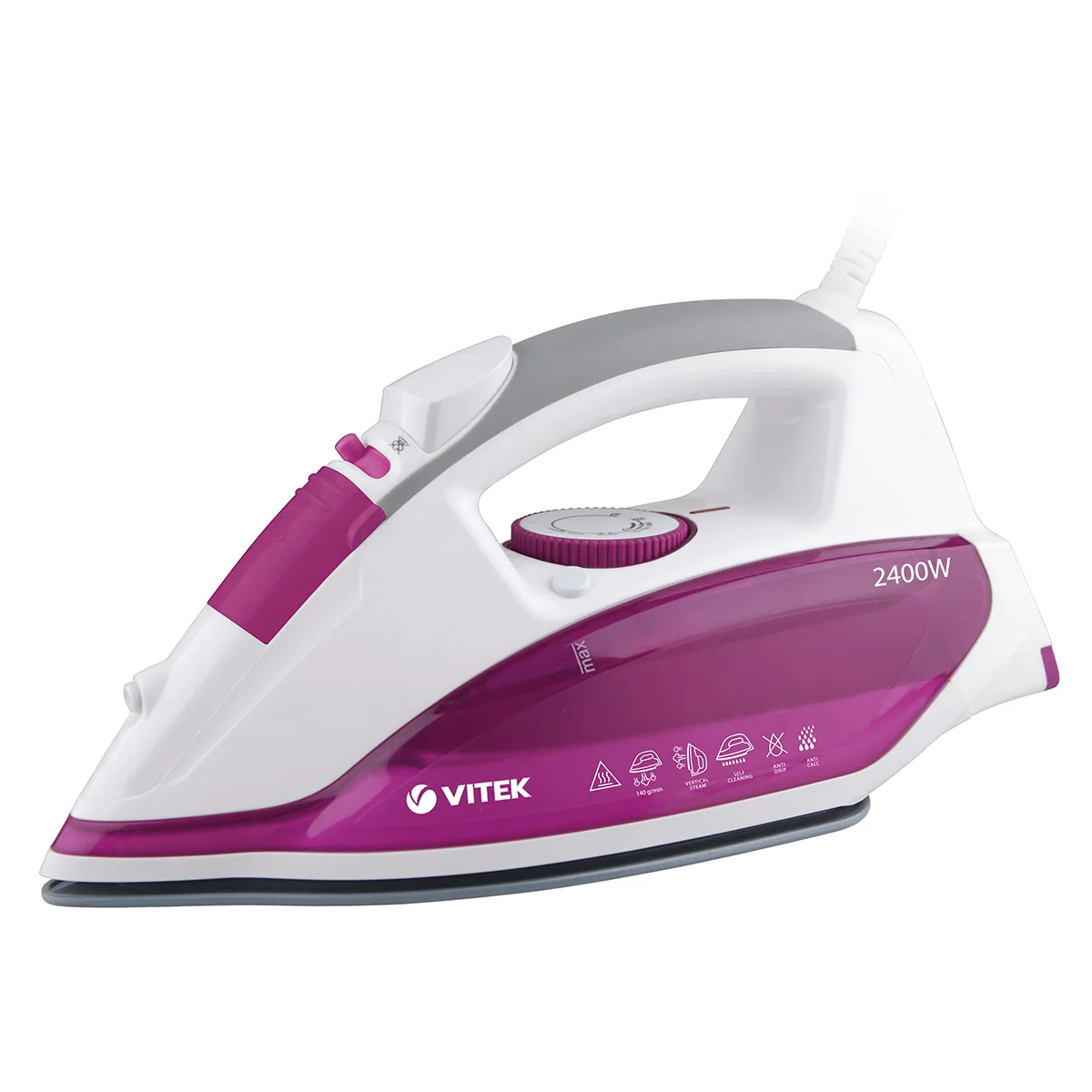 Утюг VITEK VT-1262(PK)(Мощность 2400 Вт, резервуар для воды 300 мл, самоочистка, паровой удар, защита от накипи, Non-Stick подошва