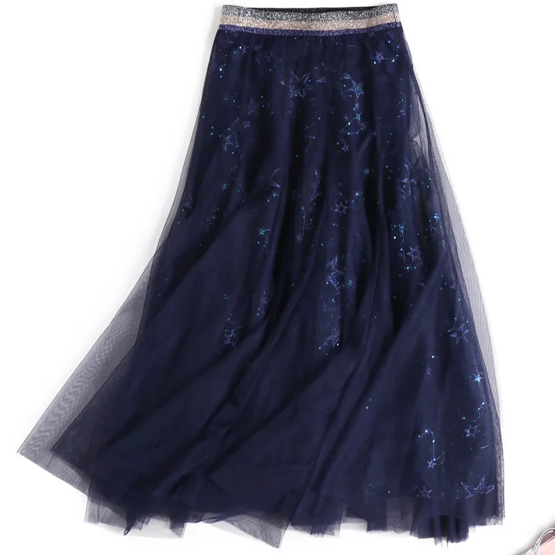 Осенняя темпераментная повседневная юбка средней длины в сеточку со звездами и блестками, плиссированная длинная юбка Z3805