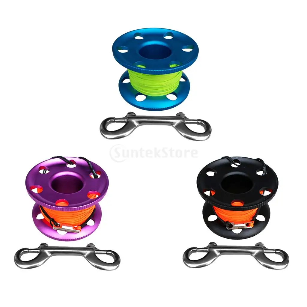 Scuba Diving Aluminium Finger Spool Reel 20/30/50M Line with Stainless Steel Snap Bolt Clip Black Blue Purple