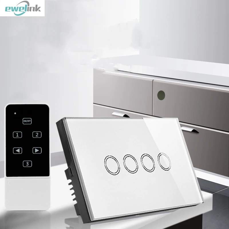 

US/AU 4 gang Crystal pannel RF433 Wireless Remote Touch Wall Light Switch for Smart Home via Broadlink RM Pro