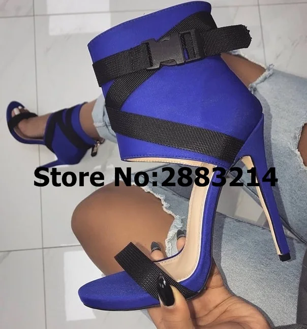 

Blue Buckle Covering Stiletto Heels Lady Dress Open Toe Sandals Ankle Wrap Sexy Dance Shoes High Heels sandalias mujer 2018
